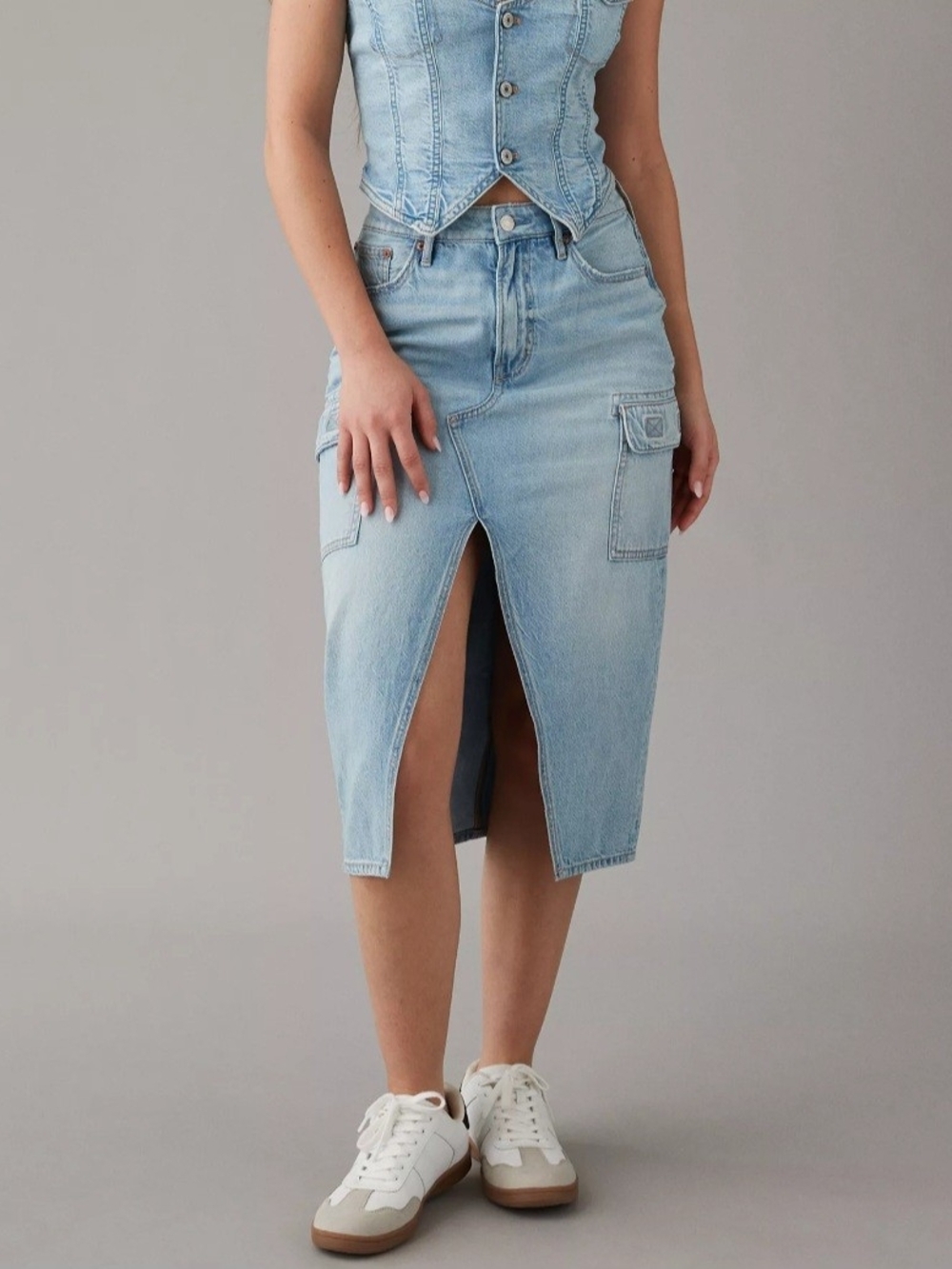 American Eagle Womens Jean Skirt High Waisted Rise Midi Slit Cargo Blue Denim 2